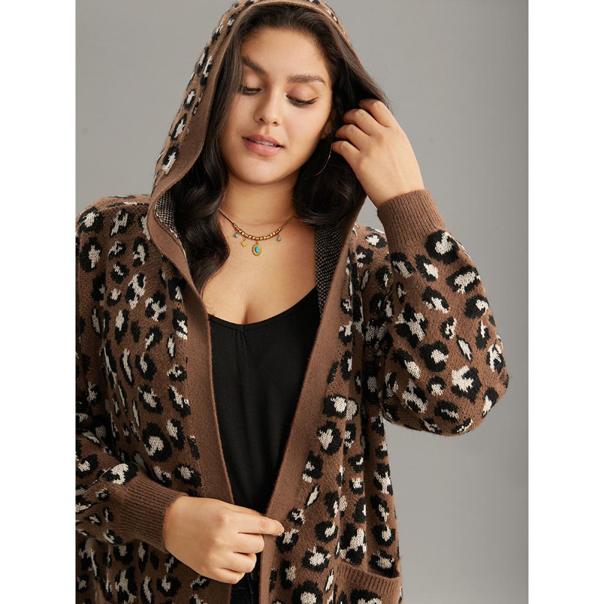 Plus Size Supersoft Essentials Leopard Hooded Pocket Cardigan DarkBrown Women Casual Loose Long Sleeve Dailywear Cardigans BloomChic 18-20/2X Product Image