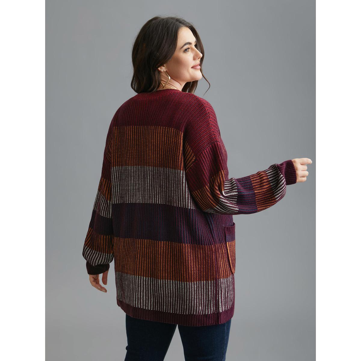 Plus Size Front-Open Color Block Knit Cardigan Multicolor Women Casual Loose Long Sleeve Everyday Cardigans BloomChic 30/6X Product Image