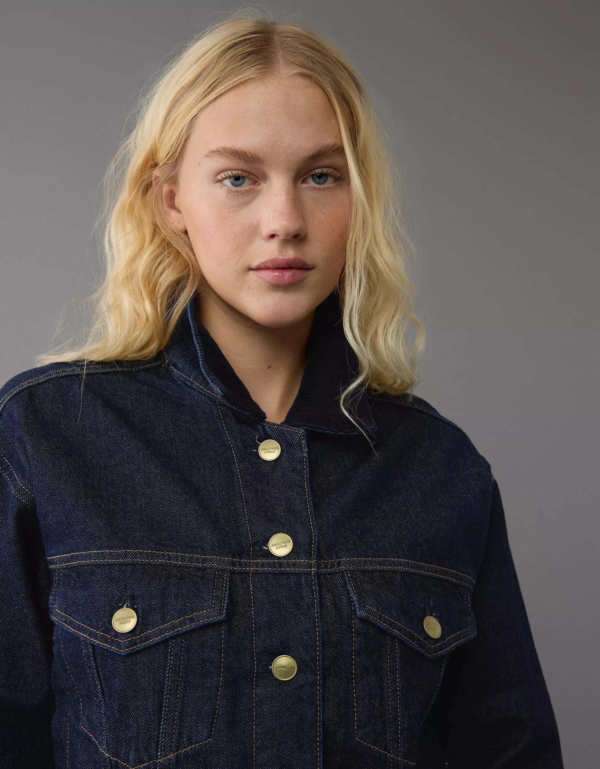 AE Cropped Corduroy Collar Denim Jacket Product Image