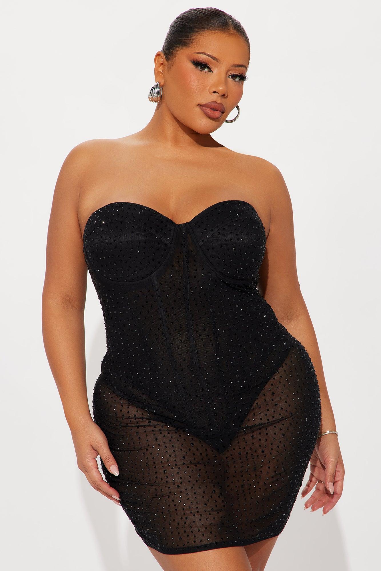 Krystal Rhinestone Embellished Sheer Mini Dress - Black Female Product Image