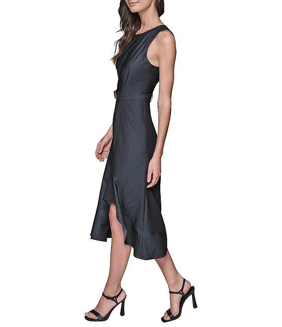 KARL LAGERFELD PARIS Denim Crew Neck Sleeveless Belted A-Line Midi Dress Product Image
