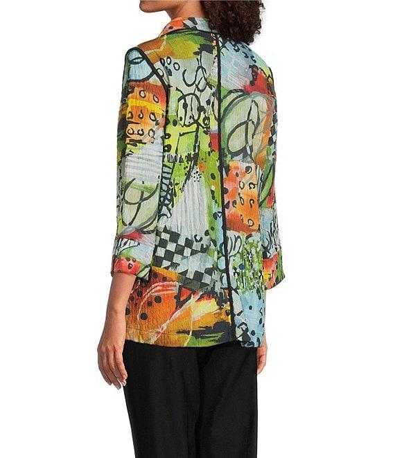Ali Miles Petite Size Textured Woven Abstract Multi Print Wire Collar 3/4 Sleeve Button Front Tunic Product Image