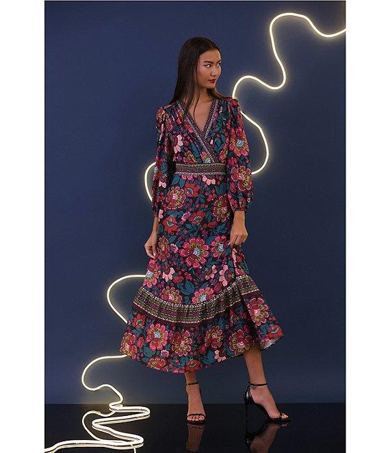 Donna Morgan Stretch Floral Printed Surplice V Neckline Long Puff Sleeve Maxi Dress Product Image