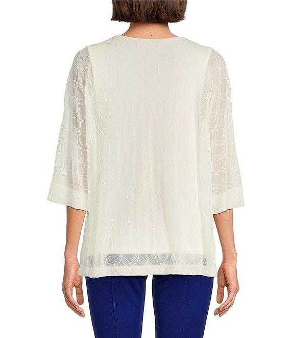 Slim Factor by Investments V-Neck 3/4 Sleeve Textured Overlay Top Product Image