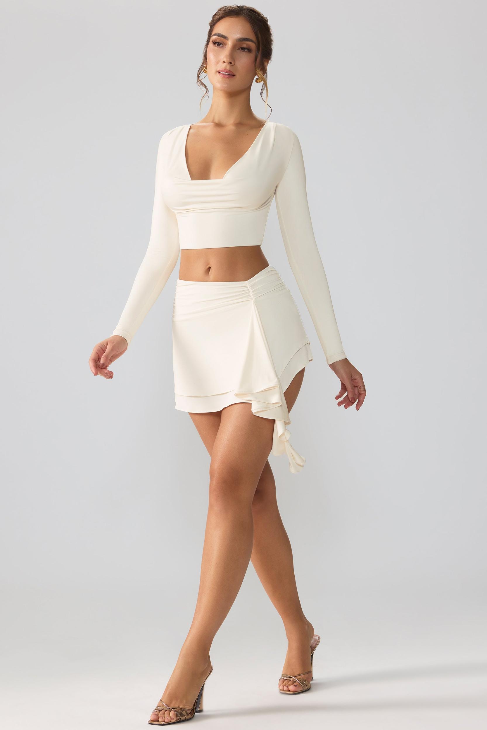 Slinky Jersey Mid Rise Ruffle Layer Mini Skirt in Ivory Product Image