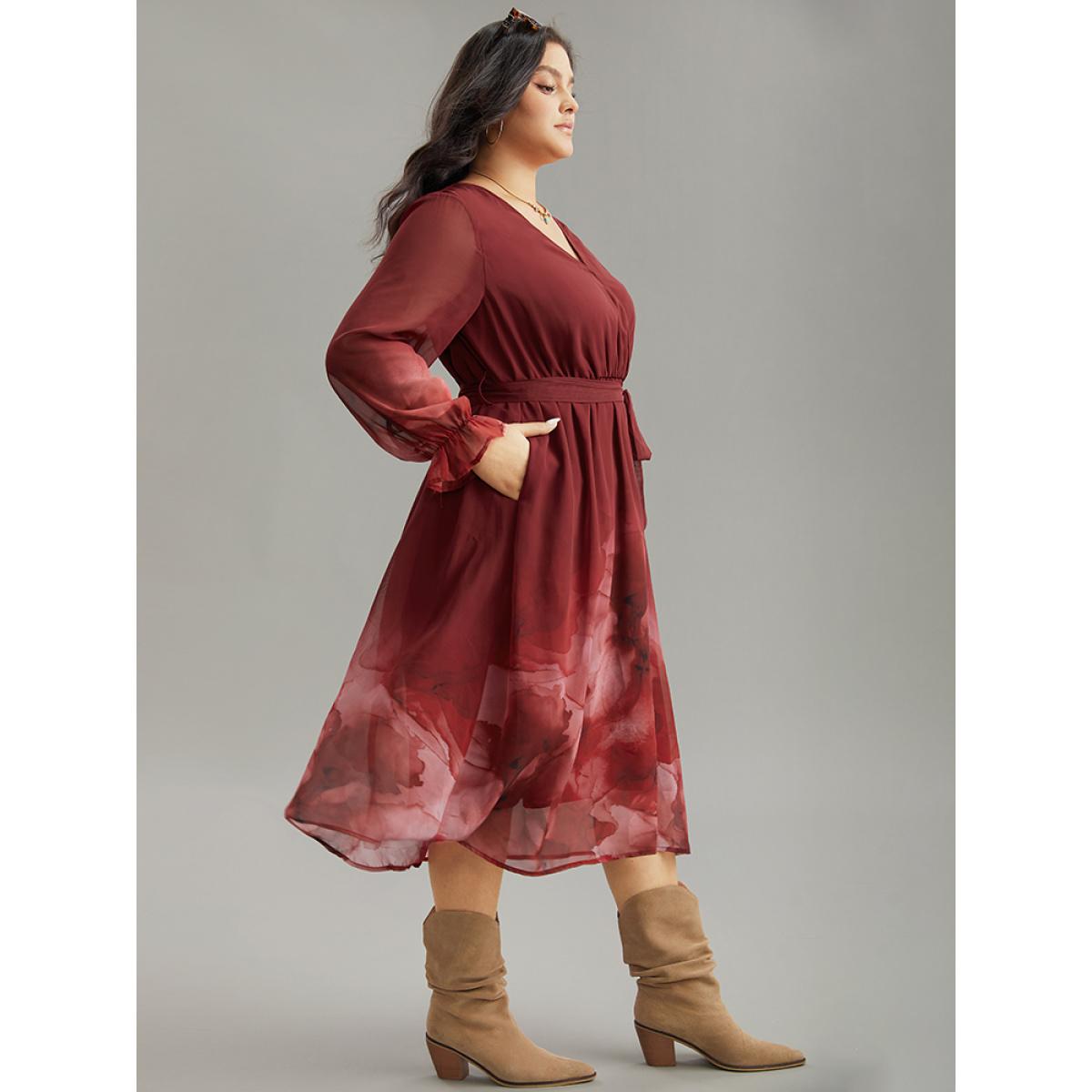 Plus Size Floral Mesh V Neck Belted Dress Scarlet Women Vacation Wrap Overlap Collar Long Sleeve Curvy Midi Dress BloomChic 30/6X Product Image
