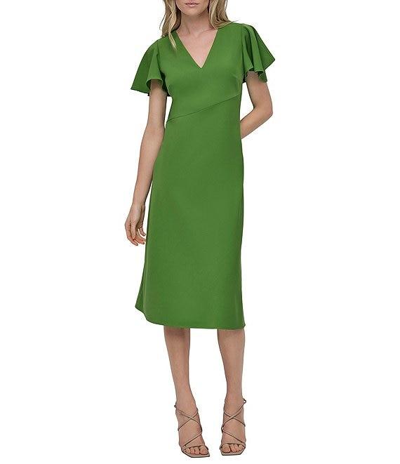 DKNY by Donna Karan Stretch V Neck Short Split Sleeve Fit and Flare Midi Dress Product Image
