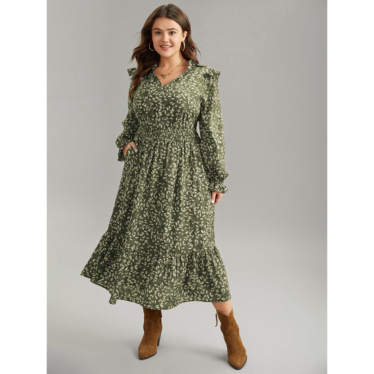 Plus Size Ditsy Floral Flutter Trim Pocket Shirred Dress Mint Women Elegant Printed Notched collar Long Sleeve Curvy Midi Dress BloomChic 12/L Product Image