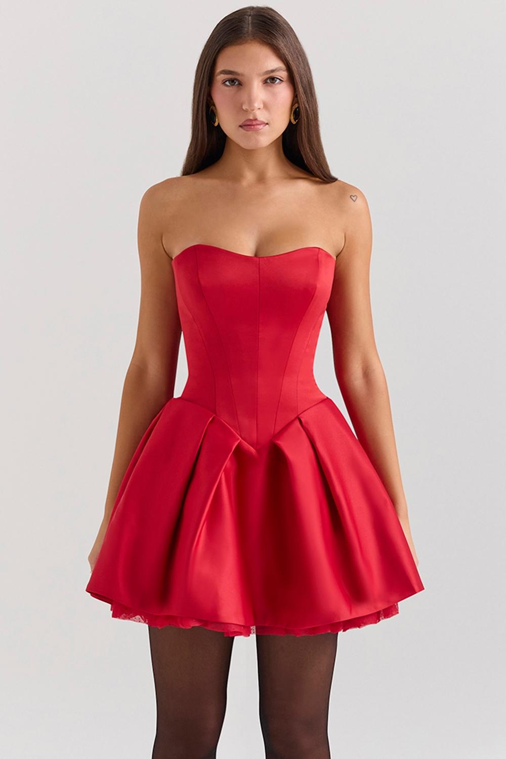 Salome  holly red satin detachable bow mini dress Product Image