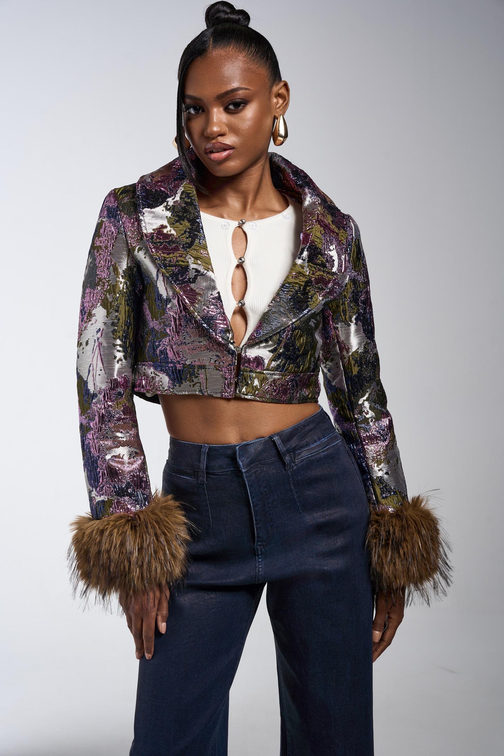 GISELE FUR TRIM MOTO IN BROCADE Product Image