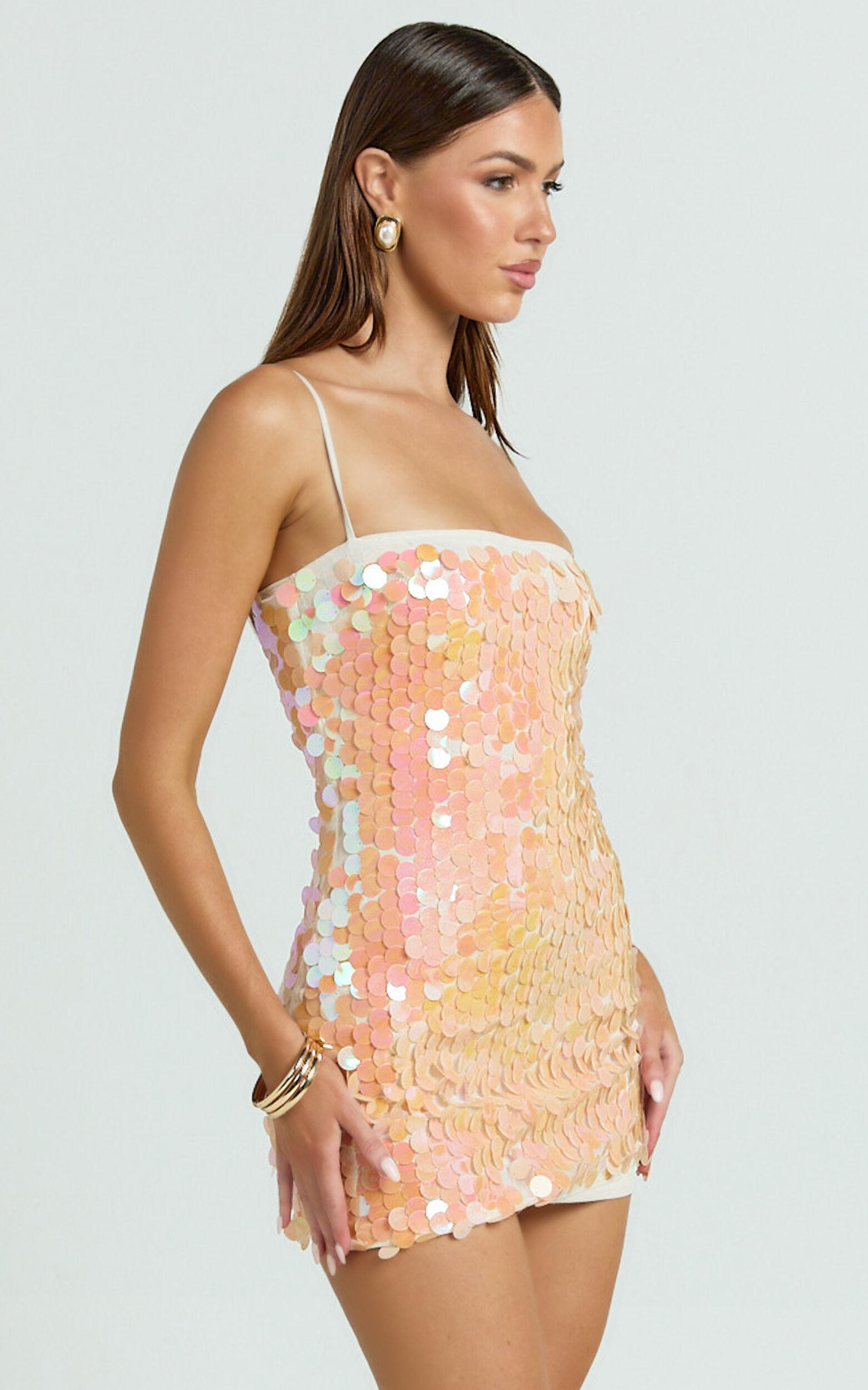 Wilfreda Mini Dress - Sequin Square Neck Bodycon Dress in Peach Product Image