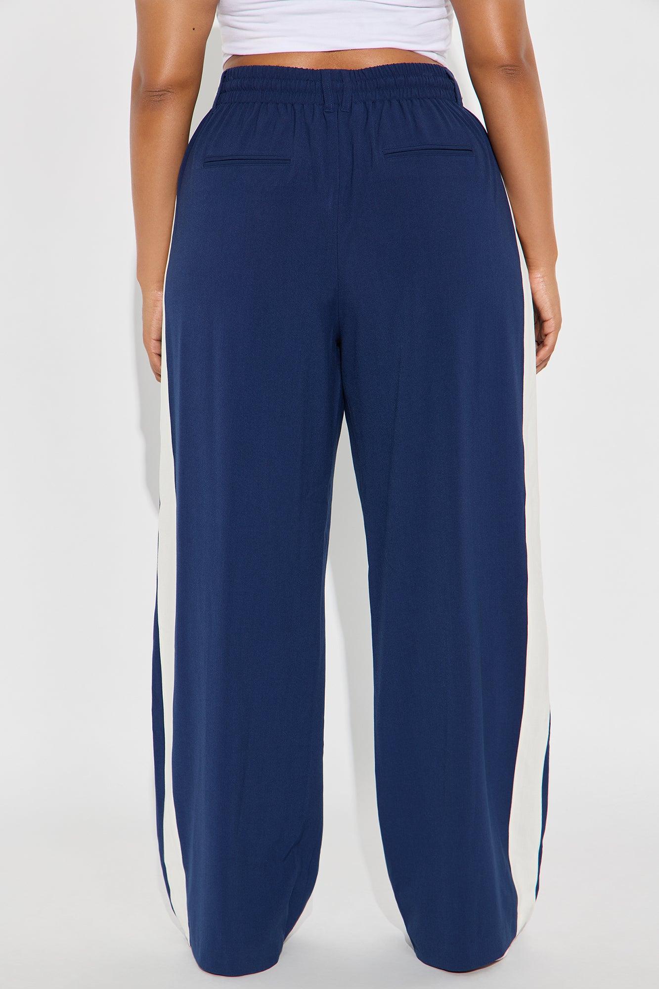 On Track Wide Leg Woven Side Stripe Pants - Navy Product Image