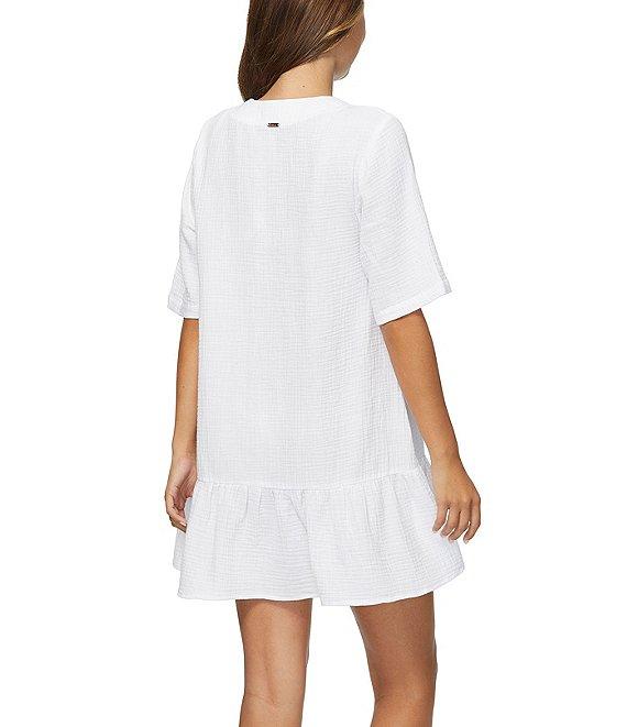 Raisins Solid Sol Flowy V-Neck Ruffle Hem Swim Cover-Up Dress Product Image