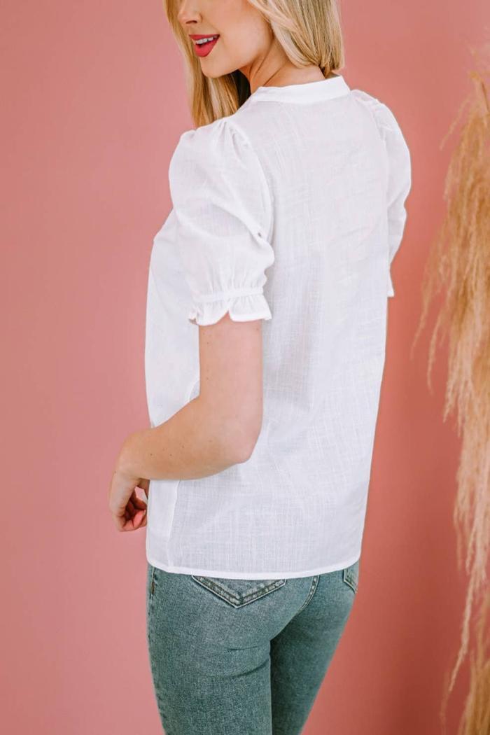 White Floral EmbroideRed Ruffled Puff Sleeve Product Image