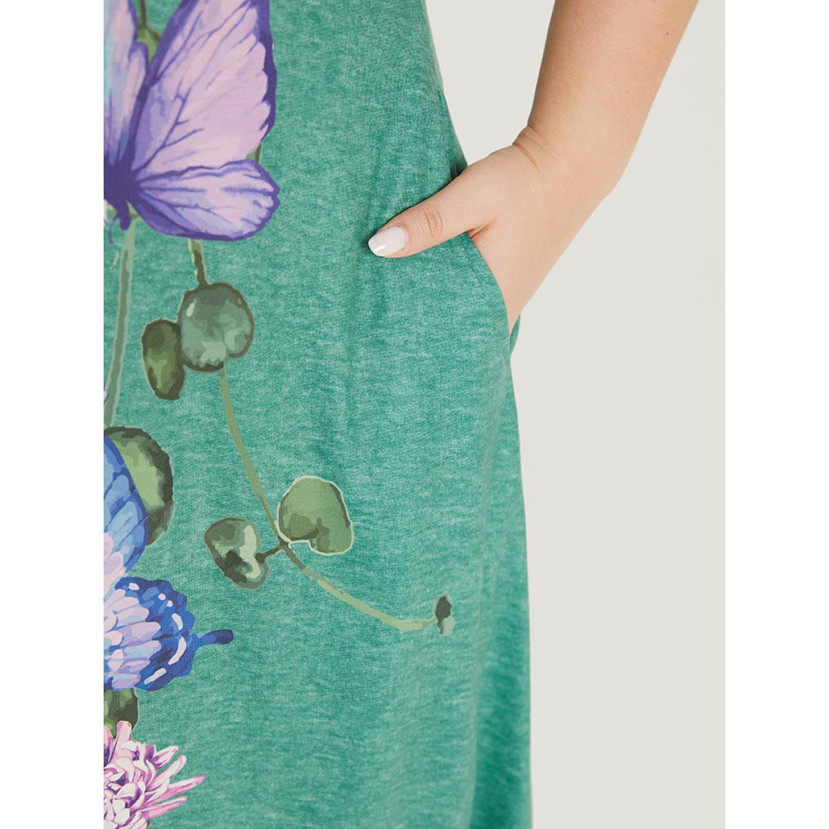 Plus Size Floral & Butterfly Print V Neck Pocket Tank Dress Mint Women Casual Printed V-neck Sleeveless Curvy Midi Dress BloomChic 14-16/1X Product Image