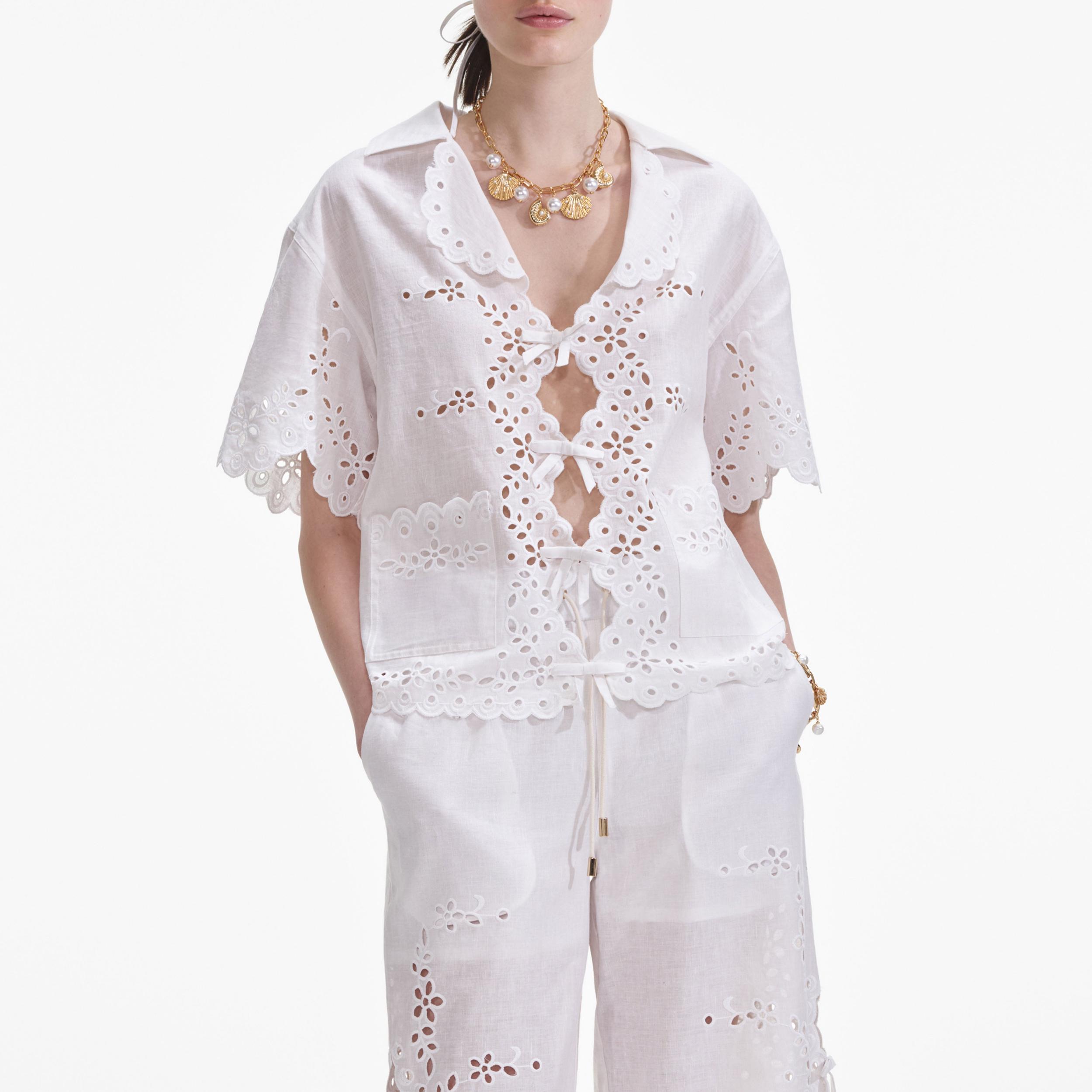 Cream Linen Embroidered Shirt Product Image