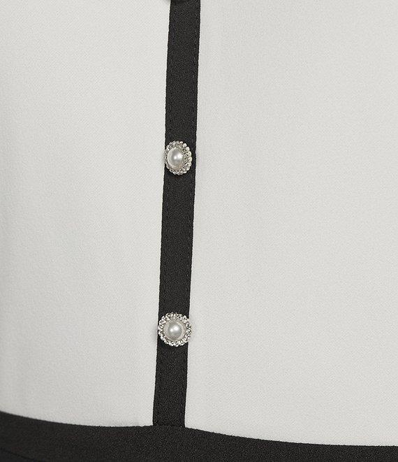 KARL LAGERFELD PARIS Scuba Crepe Colorblock Point Collar Neck Short Sleeve Button Front Shirt Dress Product Image