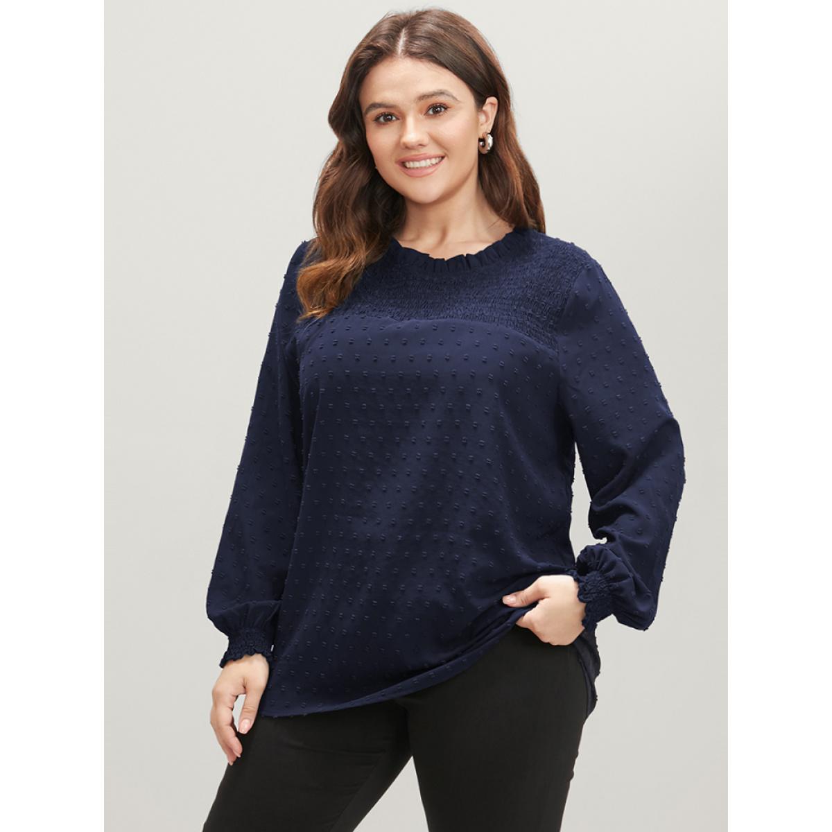 Plus Size Navy Polka Dot Frill Trim Shirred Keyhole Blouse Women Elegant Long Sleeve Round Neck Dailywear Blouses BloomChic 28/5X Product Image