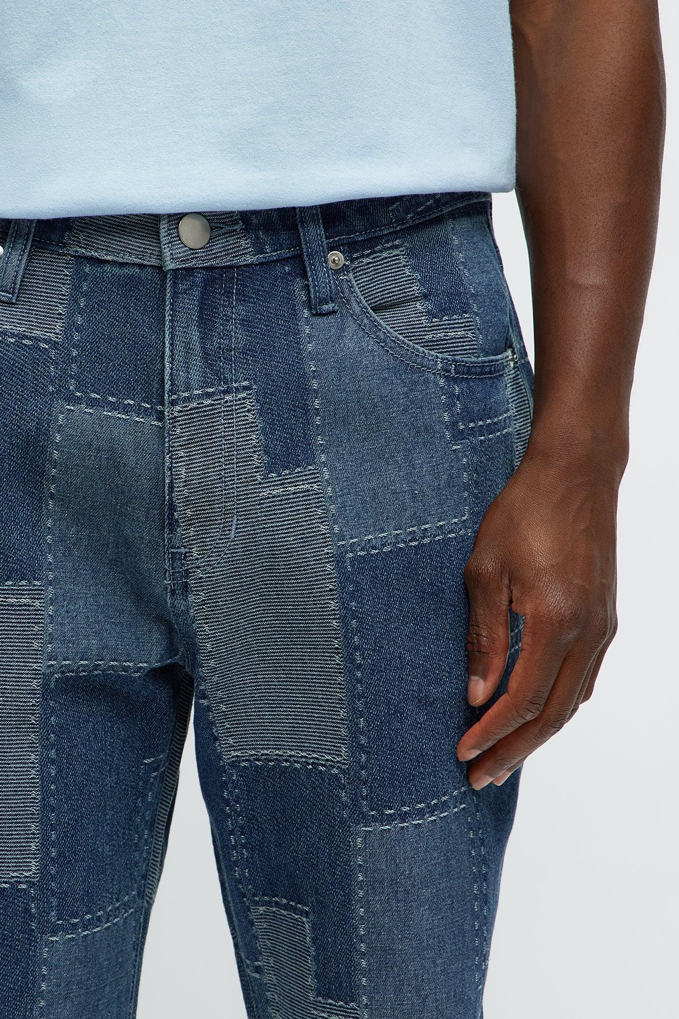 Shibori Patched Slim Jeans - Medium Blue Wash Product Image