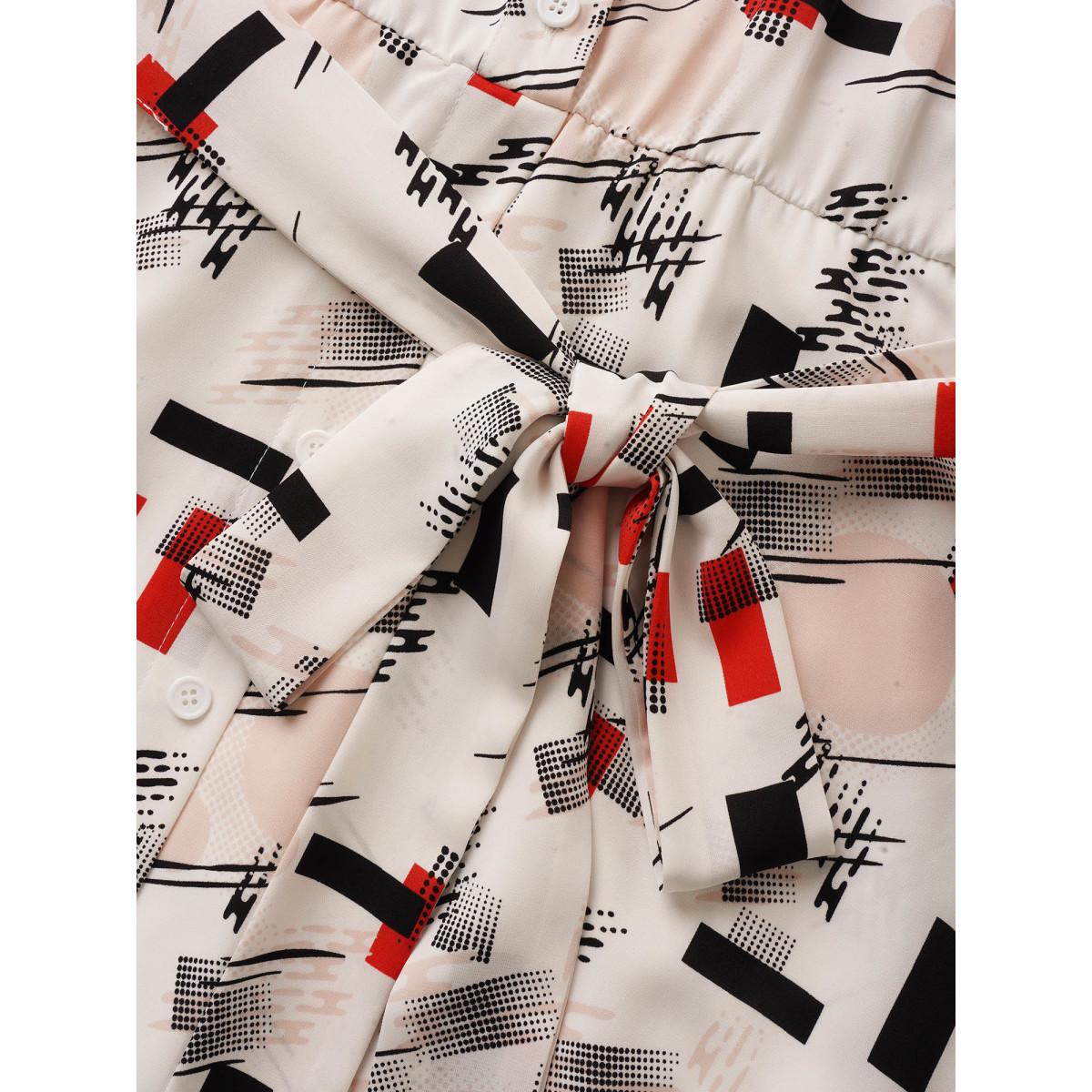 Plus Size Geometric Flat Collar With V Notch Batwing Sleeve Dress Multicolor Women At the Office Belted Flat collar with V-notch Short sleeve Curvy Midi Dress BloomChic 18-20/2X Product Image