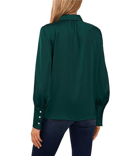 CeCe Satin Point Collar Long Sleeve Tall Cuff Pearl Button Front Blouse Product Image