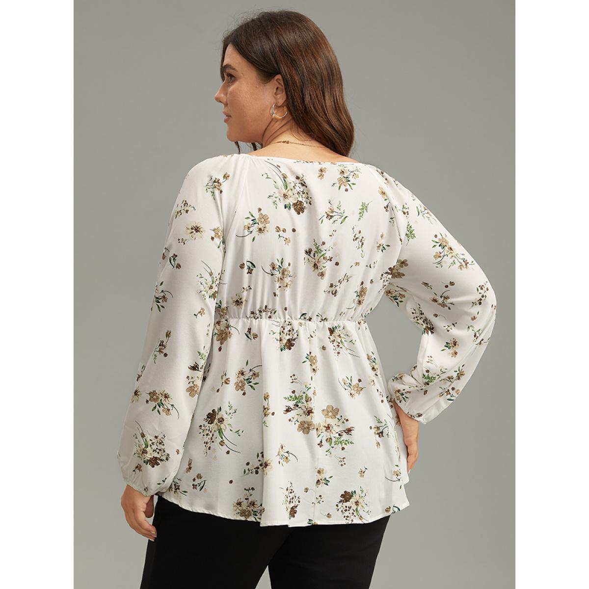 Plus Size Ivory Floral Print Buckle Detail Gathered Bell Sleeve Blouse Women Elegant Long Sleeve V-neck Dailywear Blouses BloomChic 14-16/1X Product Image