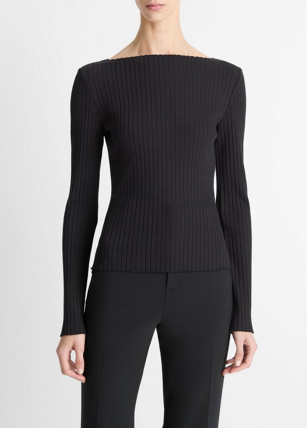 Ribbed Cotton-Blend Slash-Neck Long-Sleeve Top Product Image