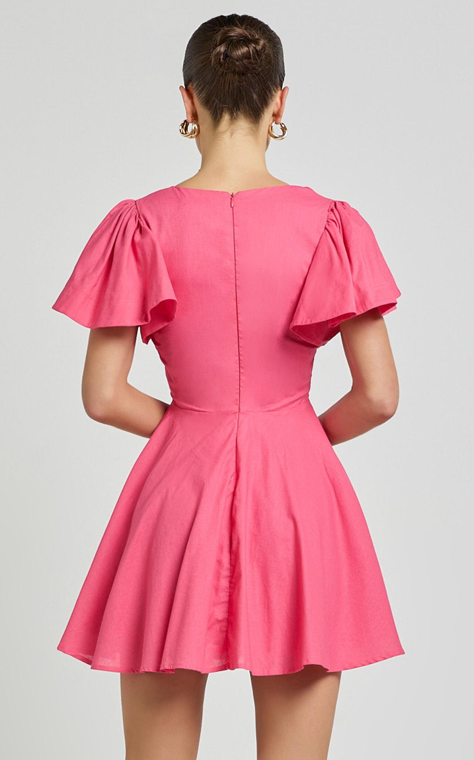 Carli Mini Dress - Linen Ruched Bodice Bell Sleeve Dress in Pink Product Image