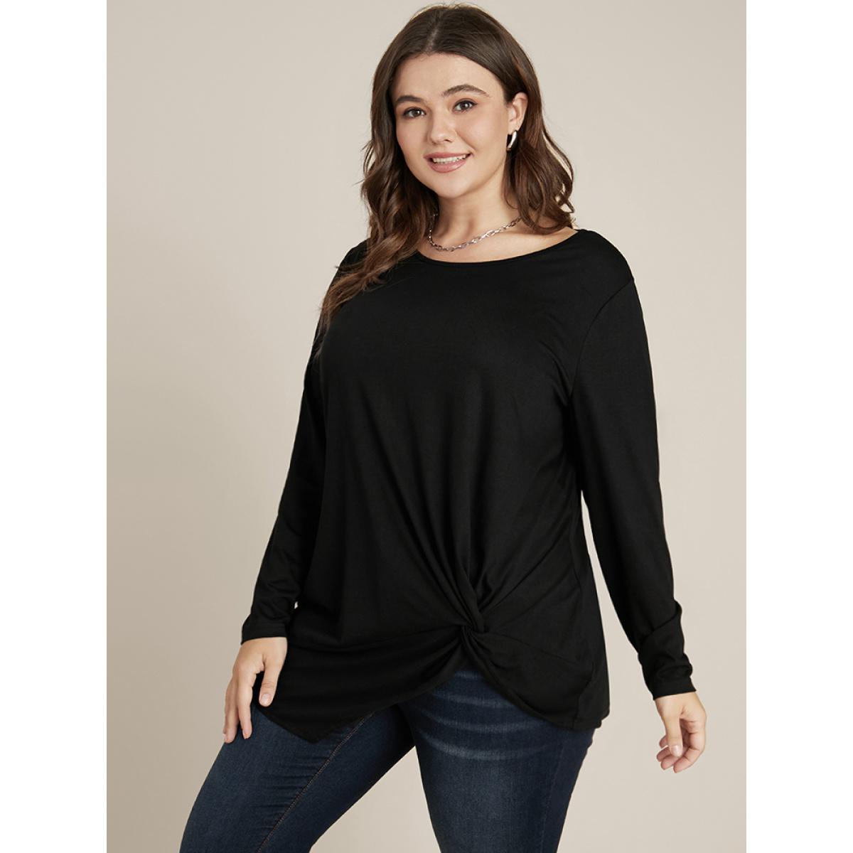 Plus Size Solid Round Neck Twist Front Long Tee Black Women Elegant Plain Plain Round Neck Dailywear T-shirts BloomChic 10/M Product Image