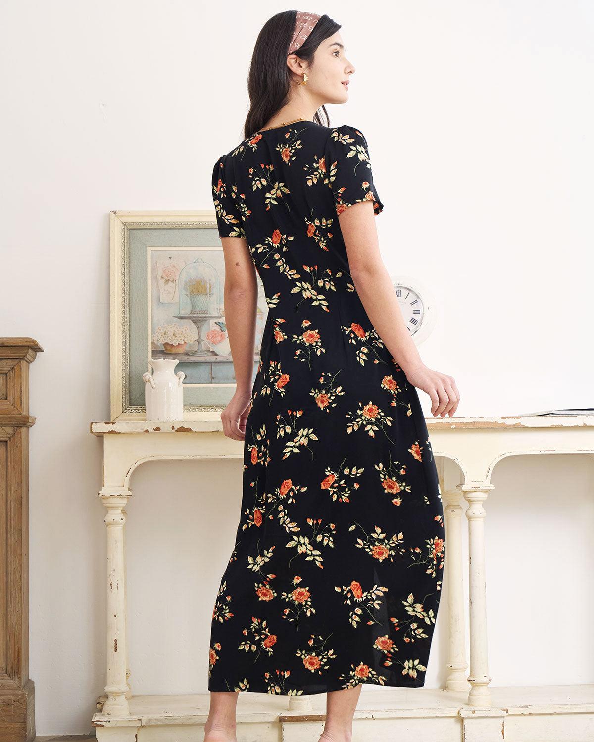 The Black V Neck Floral Short Sleeve Maxi Dress Product Image