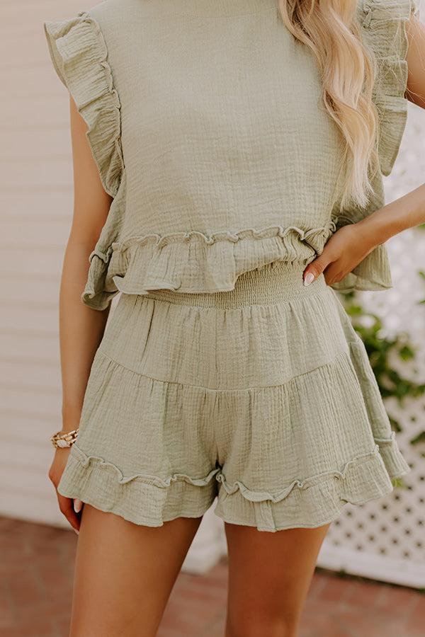 Coastal Muse Gauze High Waist Ruffle Shorts in Sage Product Image