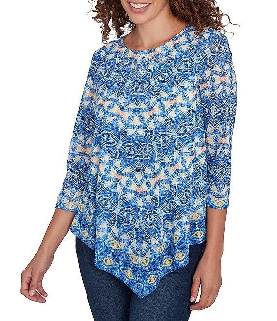 Ruby Rd. Knit Embellished Crew Neck 3/4 Sleeve Asymmetrical Hem Top Product Image