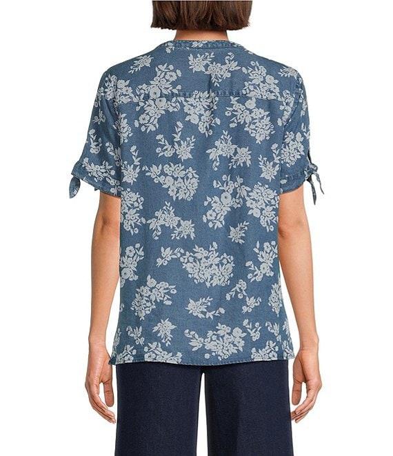 Allison Daley Petite Size Blooming Flowers Print Short Tie Sleeve Y-Neck Button Front Pintuck Blouse Product Image