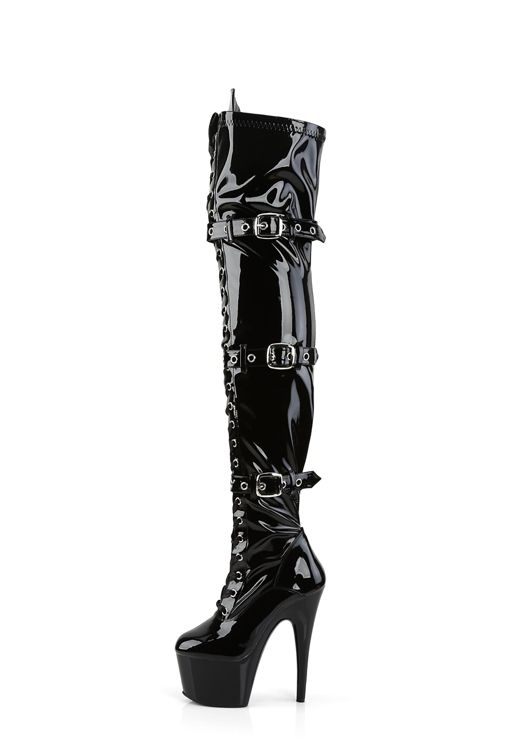 Pleaser Adore-3028 Triple Buckle Thigh Vinyl Boots -Black Product Image