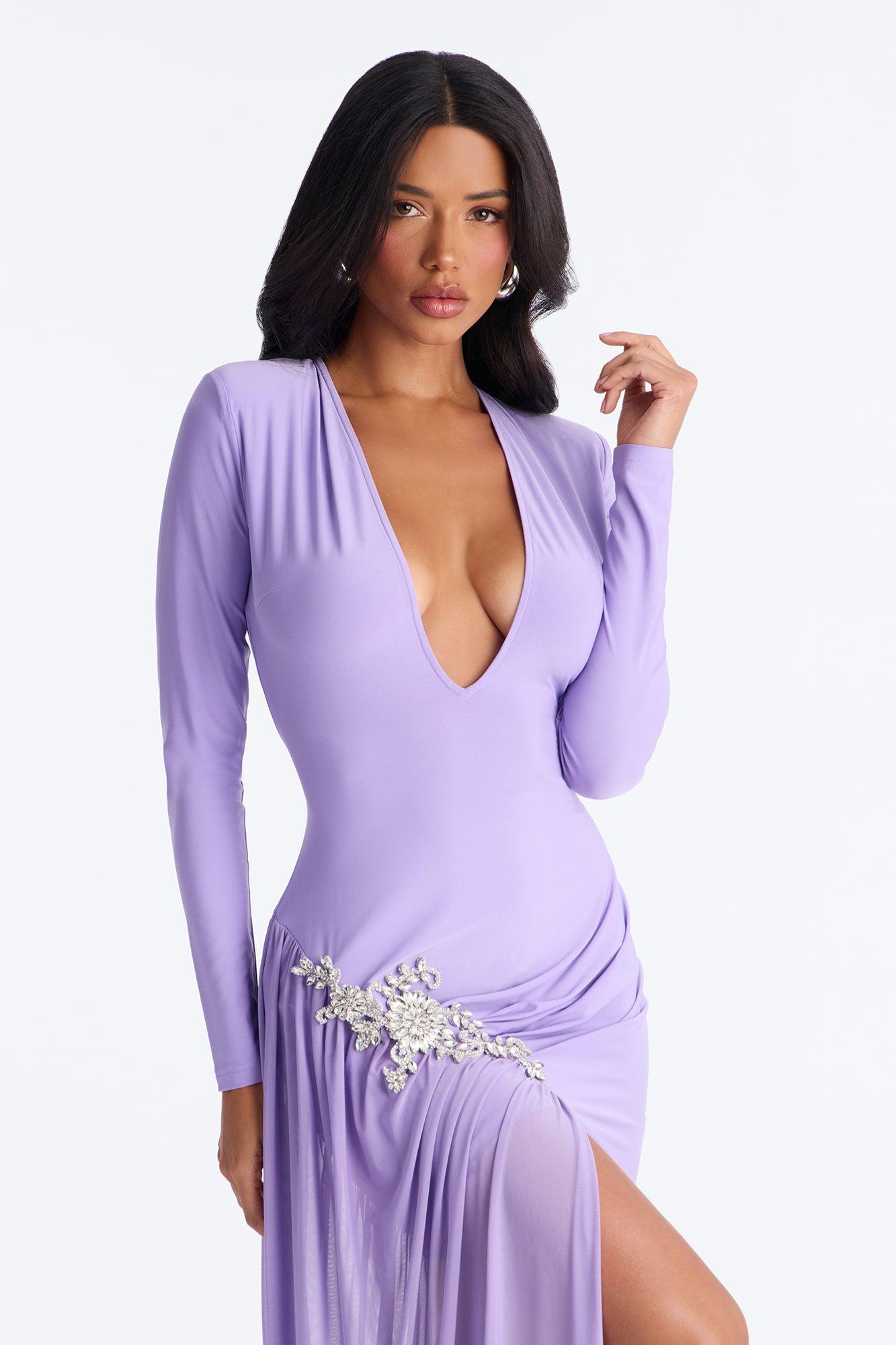 Leni Deep V-Neck Embellished Draped Mini Dress - Purple Female Product Image