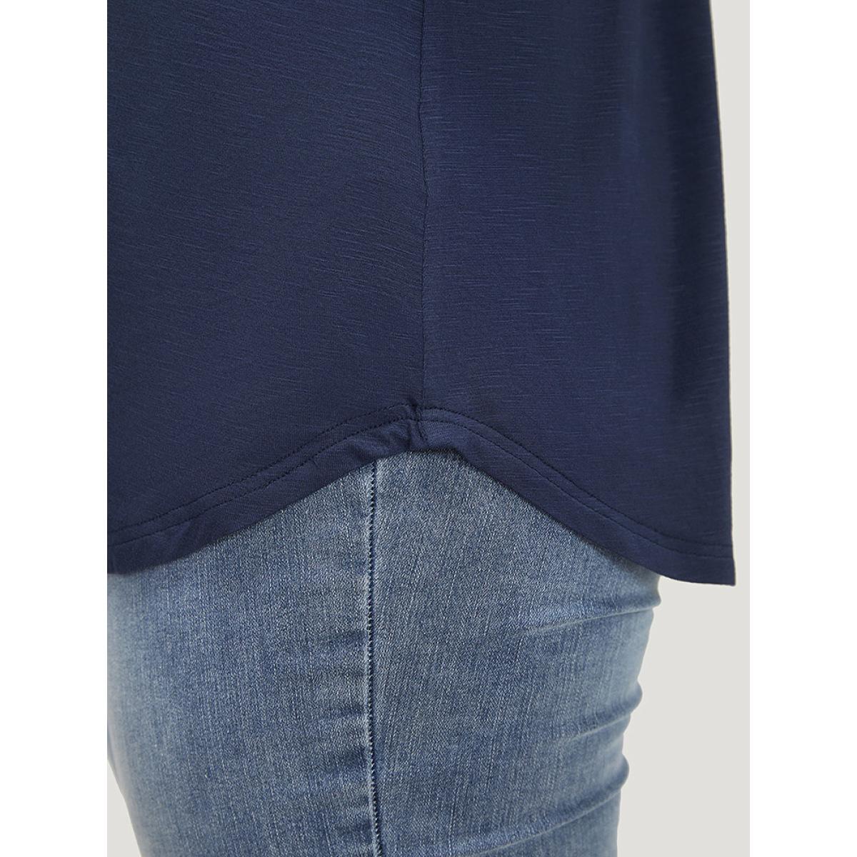 Plus Size Ditsy Floral Patchwork Lace Up Notched T-shirt Indigo Women Elegant Cross straps Ditsy Floral Notched collar Dailywear T-shirts BloomChic 28/5X Product Image