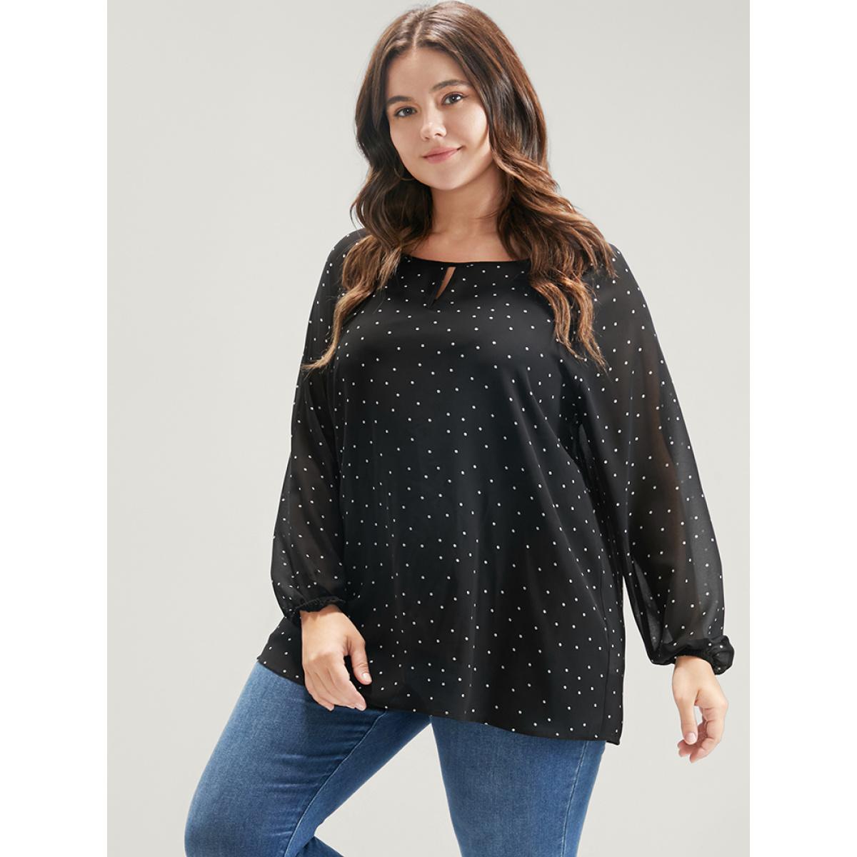 Plus Size Black Polka Dot Mesh Lantern Sleeve Keyhole Round Neck Blouse Women Elegant Long Sleeve Round Neck Dailywear Blouses BloomChic 14-16/1X Product Image
