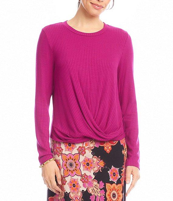 Karen Kane Ribbed Knit Crew Long Sleeved Drape Front Crossover Top Product Image