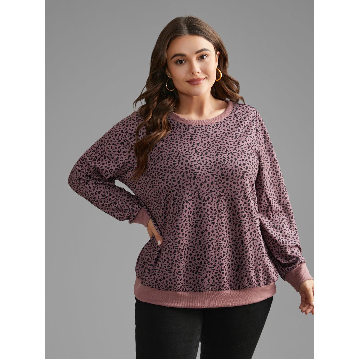 Plus Size Leopard Print Crew Neck Stretchy Sweatshirt Women DustyPink Casual Contrast Round Neck Everyday Sweatshirts BloomChic 10/M Product Image