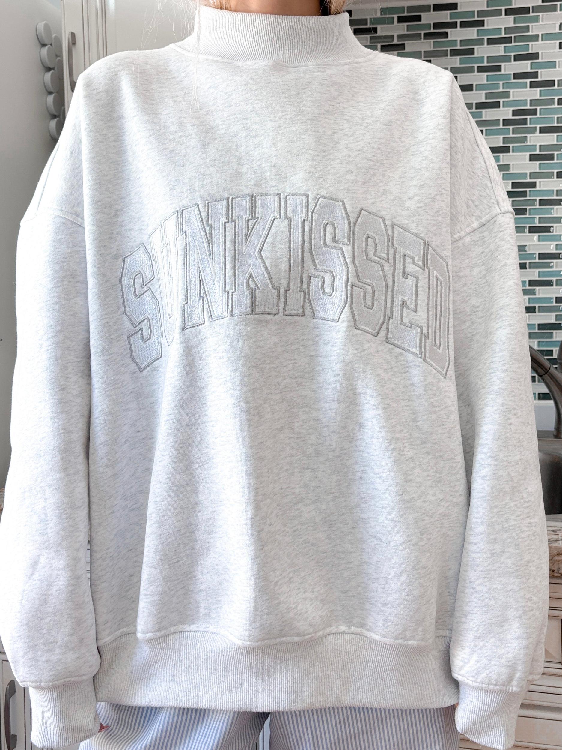 Pearl Grey Mockneck Sunkissed Varsity Embroider Sweatshirt Product Image