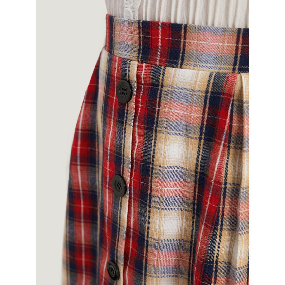 Plus Size Plaid Wideband Waist Pleated Button Detail Skirt Women Raspberry Office Button Loose No stretch Pocket Office Skirts BloomChic 28/5X Product Image