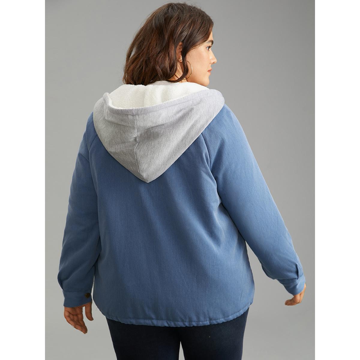 Plus Size Denim Hooded Drawstring Fuzzy Patchwork Jacket Women Blue Lined Pocket Dailywear Jackets BloomChic 10/M Product Image