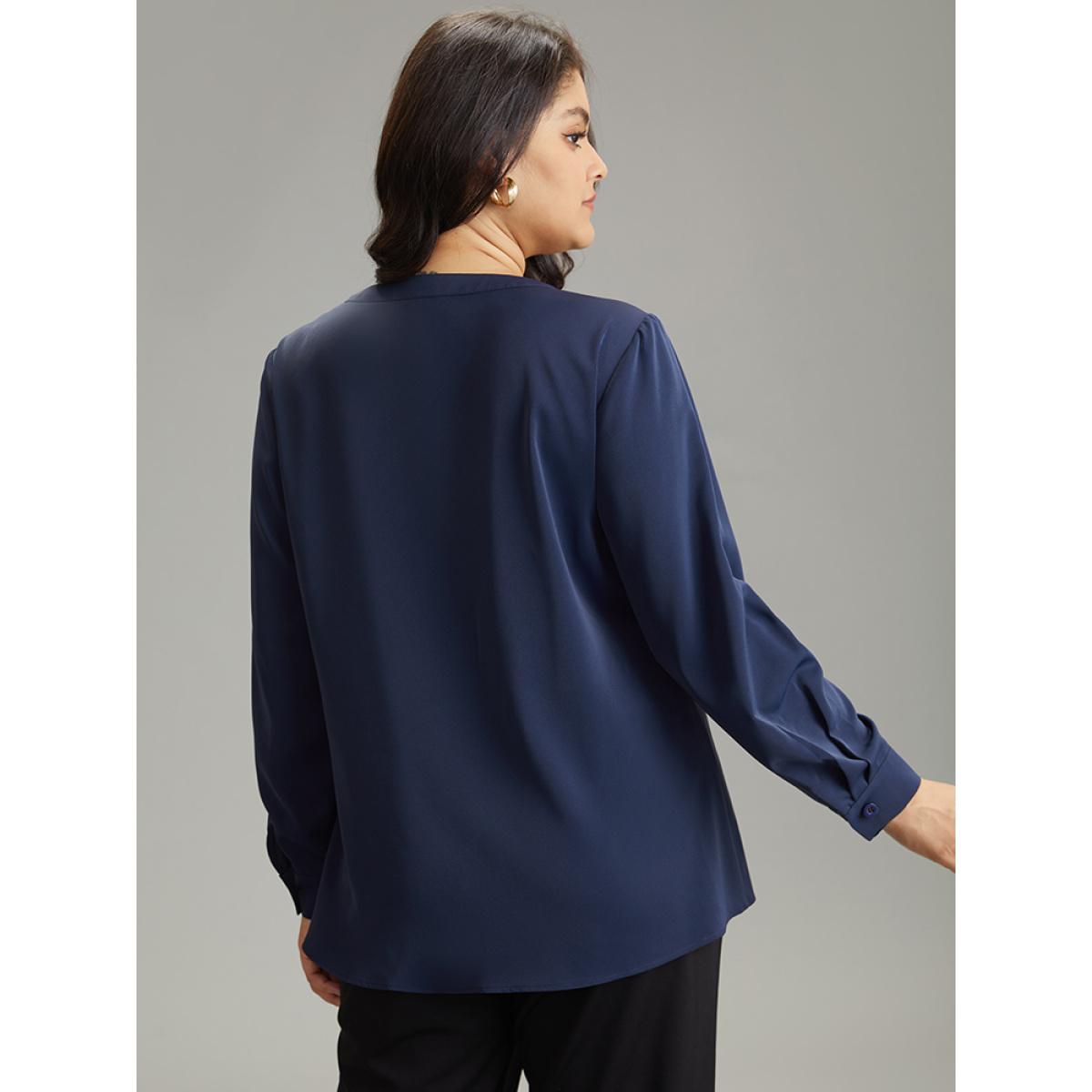 Plus Size Indigo Static-Free Solid Gathered Tab Sleeve Blouse Women Office Long Sleeve V-neck Office Blouses BloomChic 22-24/3X Product Image