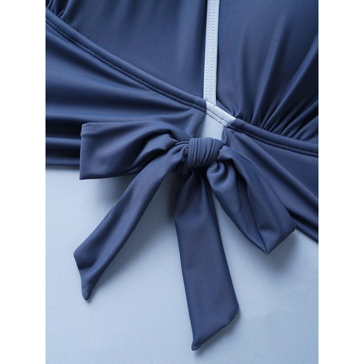 Plus Size Contrast V Neck Tie Knot Swim Dress Women's Swimwear Indigo Beach Bodycon V-neck High stretch Curve Swim Dresses BloomChic 12/L Product Image