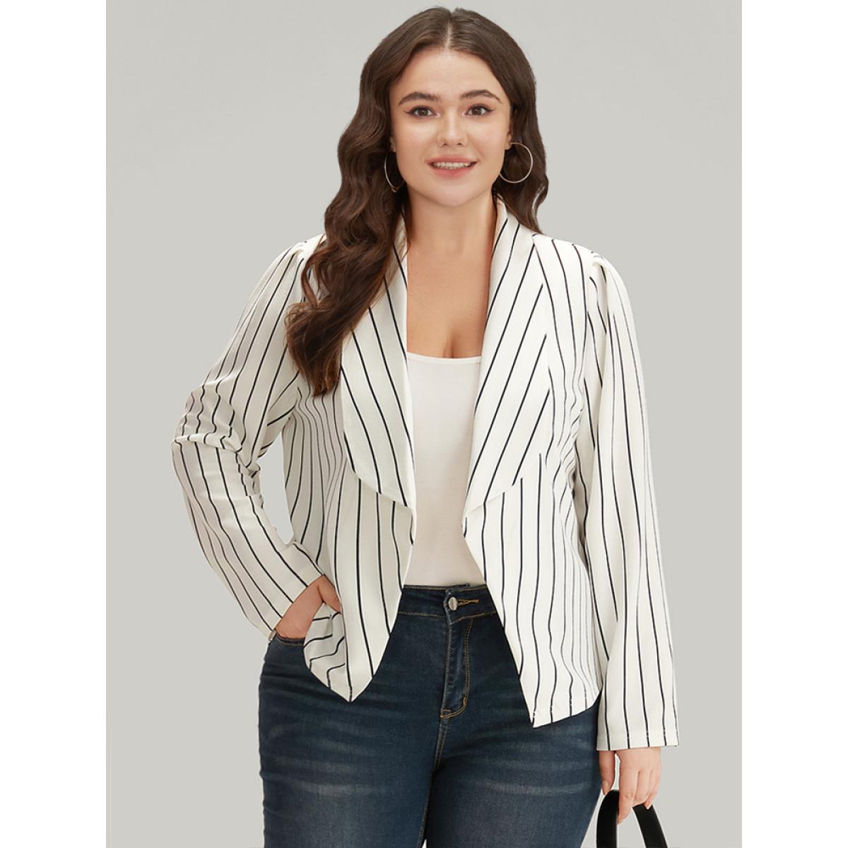 Plus Size Striped Lapel Collar Open Front Blazer White Women Office Striped Asymmetrical Sleeve Long Sleeve Lapel Collar 18-20/2X At the Office Blazers BloomChic Product Image