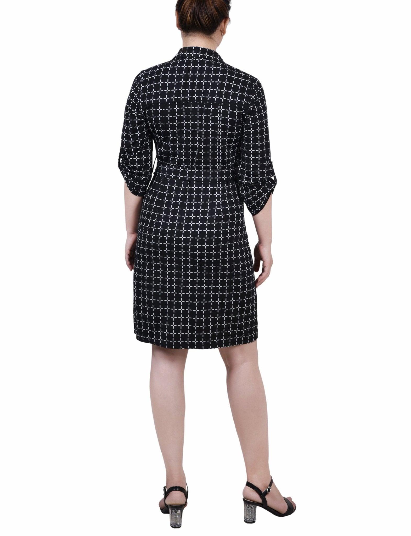 Black White Gridview Belted Roll Tab Zip Front Shirtdress - Petite Product Image