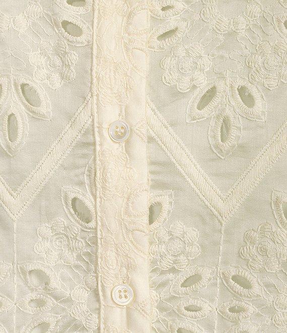 Skies Are Blue Chiffon Eyelet Button Front Point Collar Long Sleeve Blouse Product Image