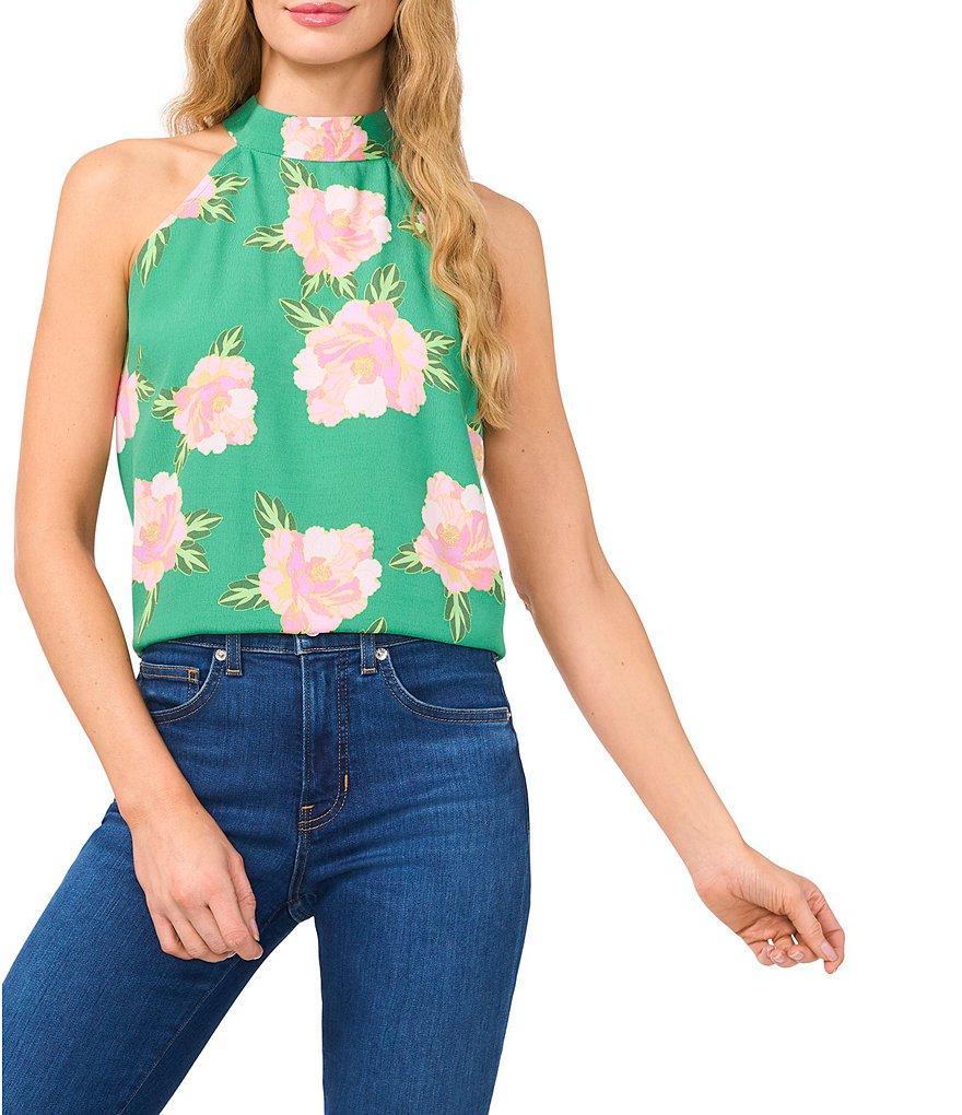 CeCe Woven Floral Print Halter Neck Sleeveless Tank Product Image