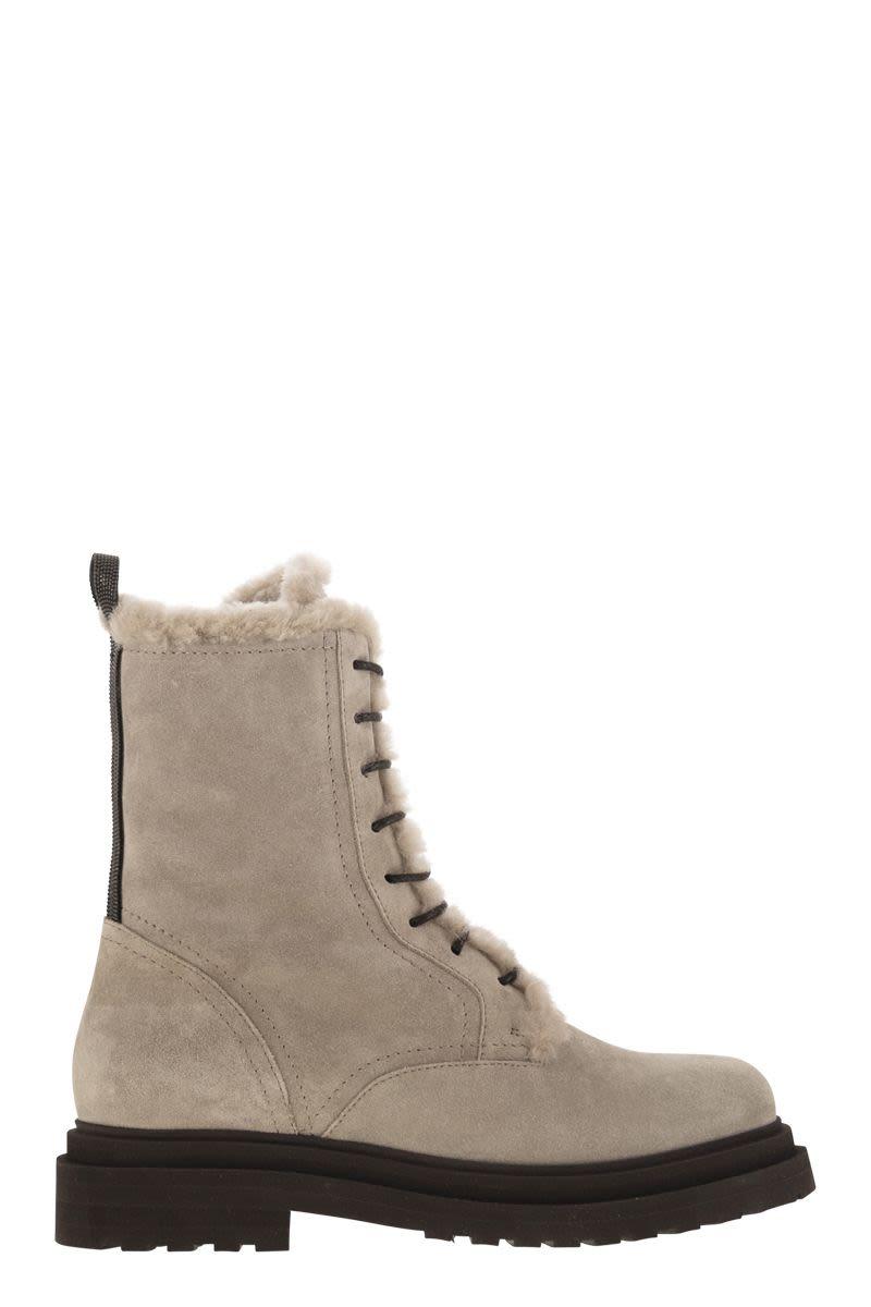 BRUNELLO CUCINELLI Chunky Sole Suede Combat Boots Monile In Neutral Product Image