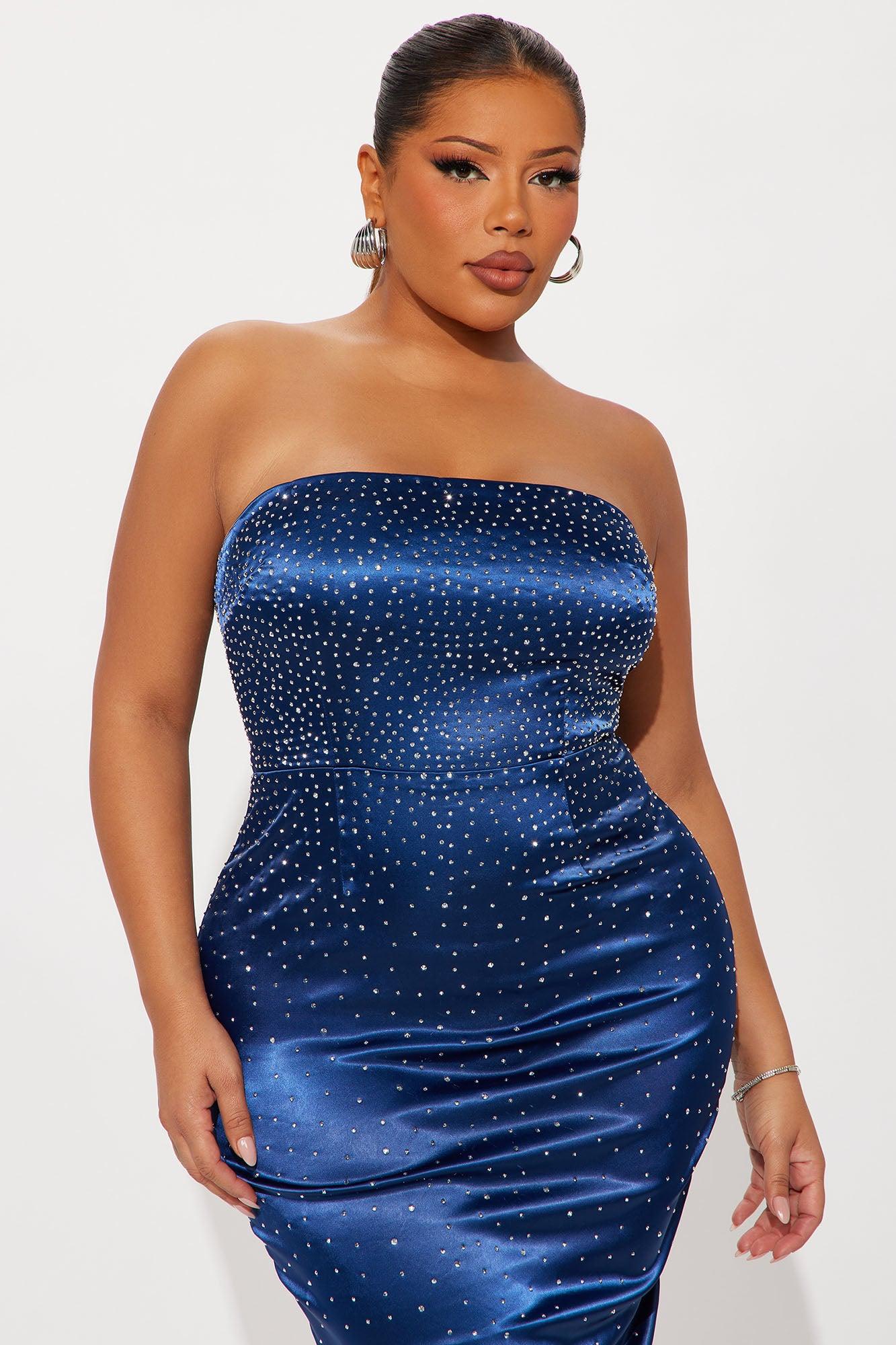 Davina Satin Rhinestone Midi Dress - Navy Female Product Image